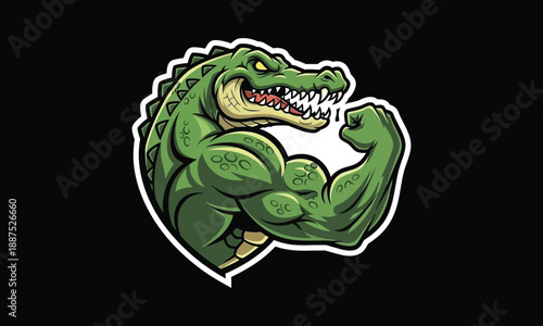 Muscular alligator mascot flexing arm vector illustration esport emblem