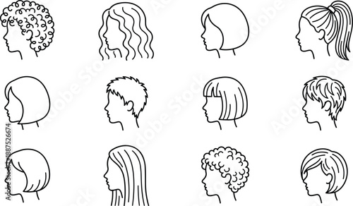 Black and White Side View Hairstyle Icons Featuring Diverse Haircuts, Textures, Lengths, and Styles for Fashion and Design