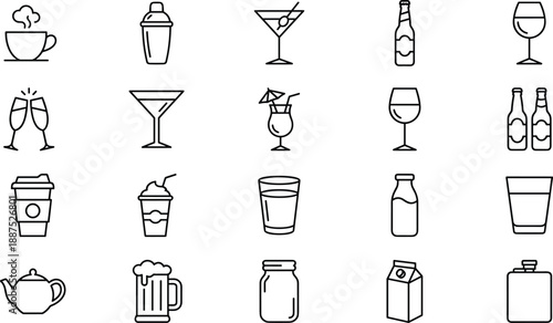 Black and White Beverage and Drinkware Icons Featuring Coffee, Alcohol, Juice, Tea, Milk, Cocktails, and Glassware