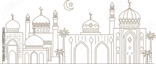 Continuous line mosque skyline with domes minarets crescent moon palm trees and minimalist Islamic architecture illustration