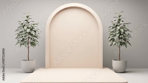 Minimalist Display Background with Plants - This video features a stylish minimalist display backdrop with a soft, arch-shaped wall in a light hue.