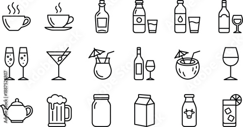 Black and White Beverage Icons Featuring Alcoholic and Non-Alcoholic Drinks Including Coffee, Wine, Juice, Milk, and Cocktails
