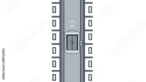 Minimalist illustration of an elevator moving up in a building shaft, flat style vector design.