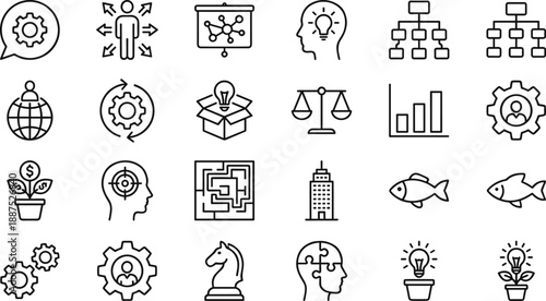 Black and White Business and Strategy Icons Representing Innovation, Organization, Growth, Problem Solving, Planning, and Leadership