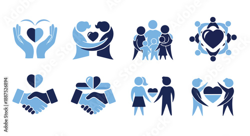 Blue and White Vector Icons of Community, Care, and Support
