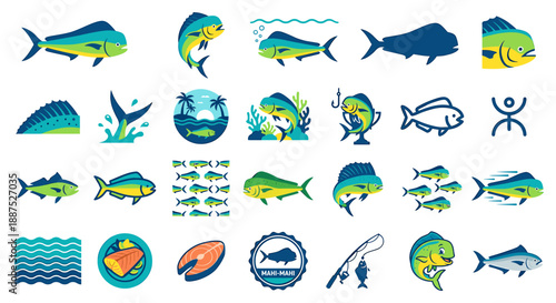 Collection of Mahi-Mahi fish illustrations in various styles, including jumping, swimming, and stylized designs.
