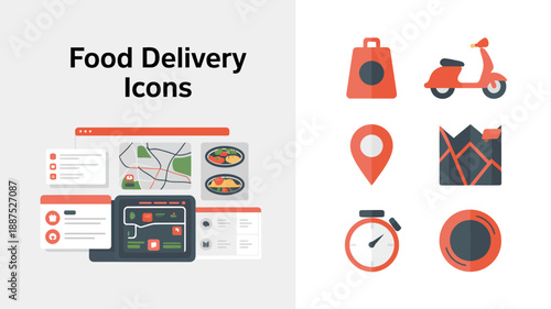 a visual presentation of food delivery services showcasing icons of scooters packages maps and technology for modern online ordering solutions high quality professional detailed elegant stylish