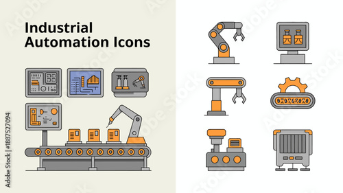 A collection of industrial automation icons depicts robotic arms control panels conveyor belts and other machinery components used in modern manufacturing processes high quality professional detailed
