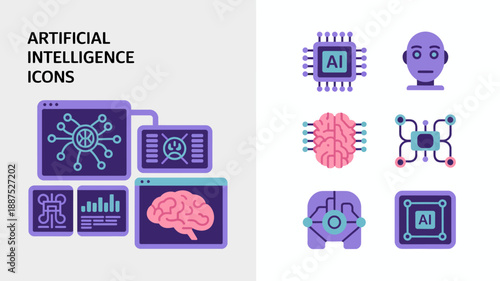 a visual collection depicting artificial intelligence concepts with icons of brains circuits robots and digital networks in a purple color scheme high quality professional detailed modern