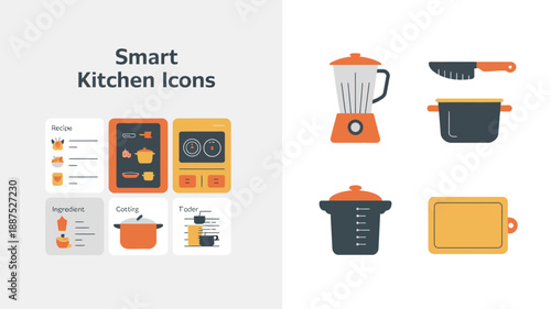 a collection of colorful flat design icons representing various kitchen appliances and cooking elements for smart kitchen applications and recipes high quality professional detailed modern elegant