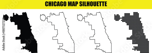 Chicago map silhouette collection with black solid white background contour stroke and dotted pattern vector city icons