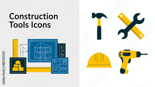 the image displays a collection of construction tools and blueprints depicted as stylized icons in shades of blue and yellow high quality professional detailed modern elegant