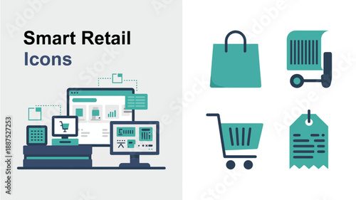this image displays various icons representing smart retail concepts including shopping carts computer screens receipts and point of sale systems in a teal color scheme