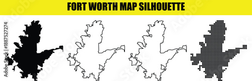 Foto Fort worth map silhouette bundle with black fill white outline and digital dotte