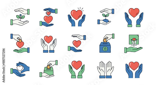 Charity and Donation Line Icon Set with Hands and Hearts