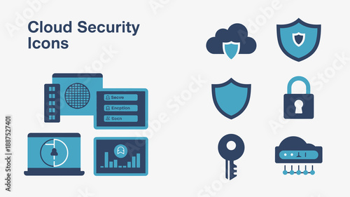 this image showcases a collection of cloud security icons including servers laptops shields padlocks keys and data protection symbols high quality professional detailed modern elegant stylish
