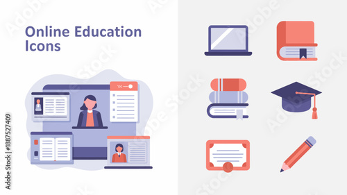 a flat design illustration showcases various icons related to online learning including laptops books graduation caps and digital certificates high quality professional detailed modern elegant stylish