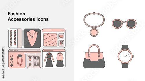 a collection of fashion accessories is displayed including handbags sunglasses jewelry watches and clothing items in a simple illustrated icon style high quality professional detailed modern