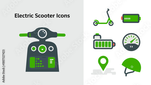 a collection of green and gray electric scooter icons depicting vehicle features battery levels location and safety gear is displayed high quality professional detailed modern elegant