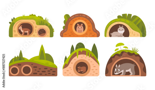 Forest Animal Burrows Vector Set Showing Underground Wildlife Habitats on White Background