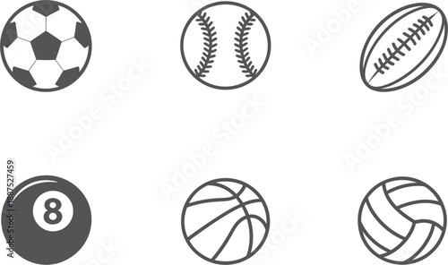 Professional sports ball vector icon set, soccer baseball rugby football, basketball volleyball billiards equipment graphic element