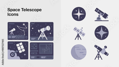 a collection of space telescope icons depicting various astronomical instruments and celestial bodies in a flat illustrative style high quality professional detailed modern elegant stylish clean