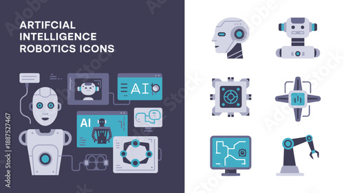 a collection of artificial intelligence and robotics themed icons including robot heads screens and mechanical arms presented in a blue and white color scheme high quality