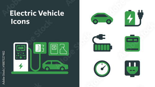 a collection of electric vehicle icons is displayed including charging stations a car batteries and a power plug high quality professional detailed modern elegant stylish clean