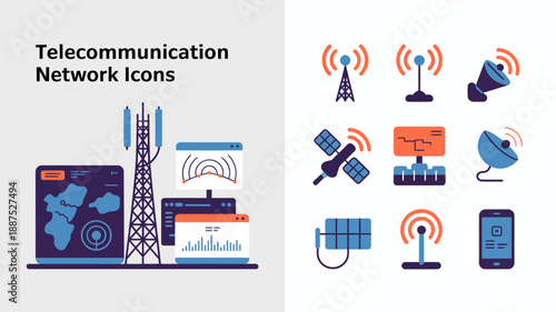 a collection of telecommunication network icons including cell towers satellite dishes smartphones and signal strength indicators is displayed in a blue color scheme high quality professional