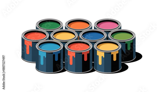 Colorful Paint Cans Vector Set with Open Lids Isolated on White Background