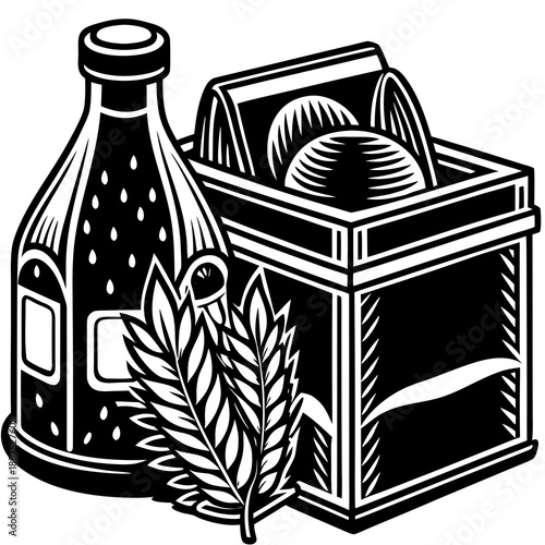 Classic black and white illustration featuring a bottle, a crate with round objects, and grain