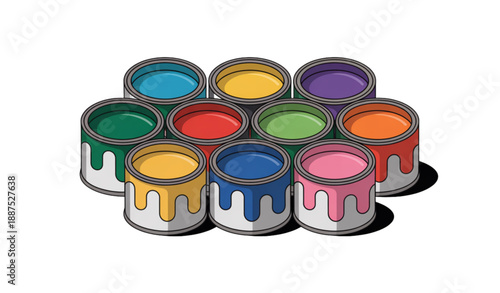 Multicolor Paint Bucket Set Flat Vector Illustration for Art and Renovation