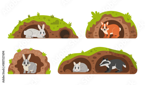 Woodland Animal Burrows Vector Set with Underground Forest Homes on White Background