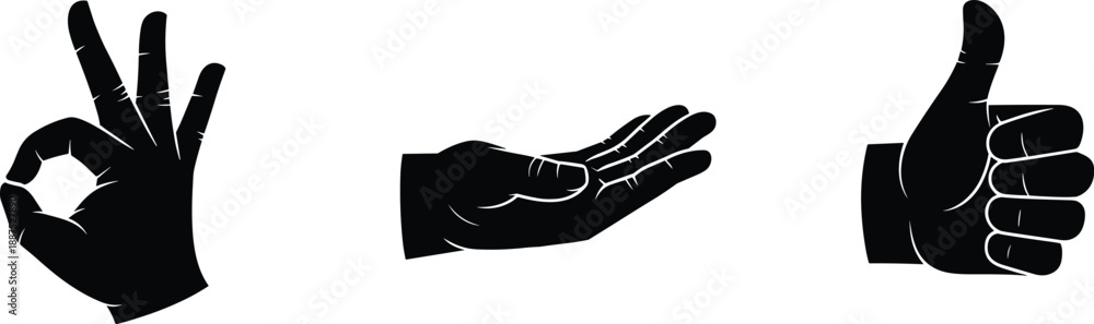 Fototapeta premium Human hand gesture vector icon set, thumbs up silhouette, okay sign symbol, palm reaching elements, communication