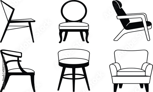 Modern furniture vector icon set, interior design chair silhouettes, armchair home decor, minimalist seating graphic element