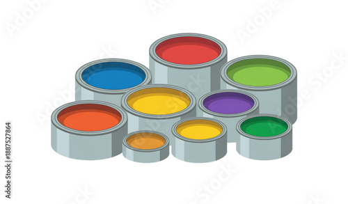Set of Open Paint Cans with Bright Colors Vector Illustration Isolated on White