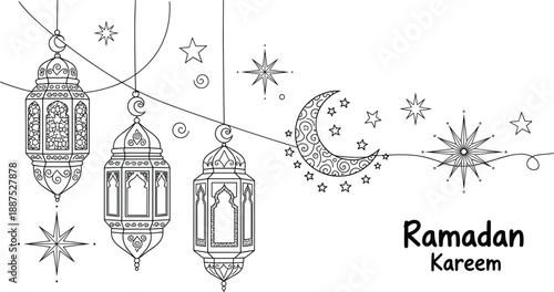 Ramadan Kareem hand drawn lantern illustration with crescent moon stars and decorative Islamic line art background