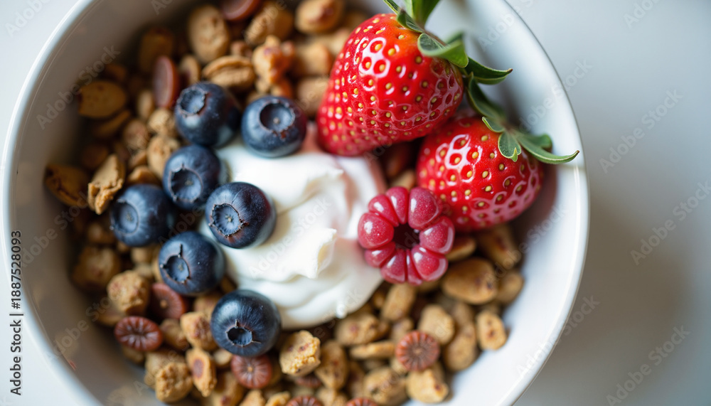 Fototapeta premium Healthy breakfast bowl with yogurt, granola, and berries and copy space 