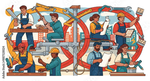 Diverse construction workers teamwork vector.