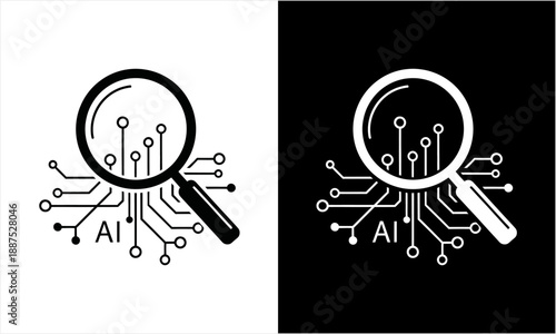 AI Search Magnifying Glass Circuit Board Icon Set.