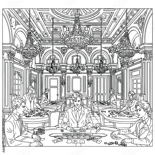 A detailed line drawing of a lavish casino interior featuring a high-stakes poker game with elegantly dressed patrons playing at multiple tables