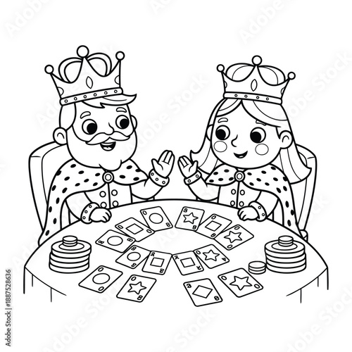 Joyful cartoon king and queen playing a friendly card game, featuring playing cards and tokens on a table, a delightful illustration for children's entertainment and royal themes