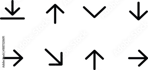 Minimalist directional arrow vector icons, navigation pointer signs, download upload symbols, interface web design graphic element