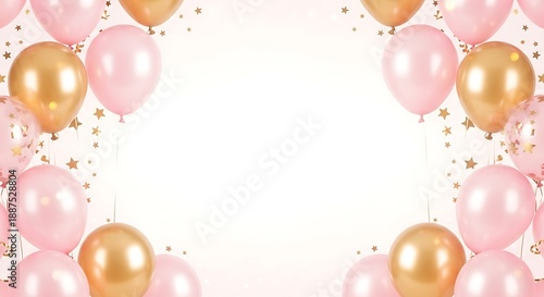 Pink and gold balloons with confetti on white background