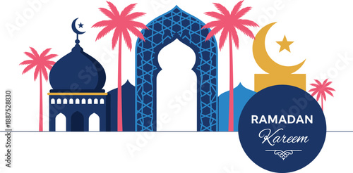 Ramadan Kareem greeting card with mosque arch crescent moon palm trees and modern flat Islamic illustration design