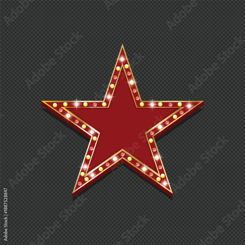 A shining red retro star sign with glowing lightbulbs, isolated on transparent background