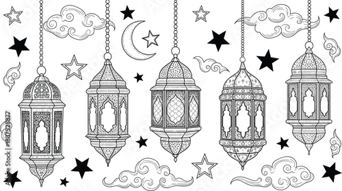 Hand drawn Ramadan lantern pattern with stars clouds crescent moon and ornate Islamic hanging lamps vector illustration
