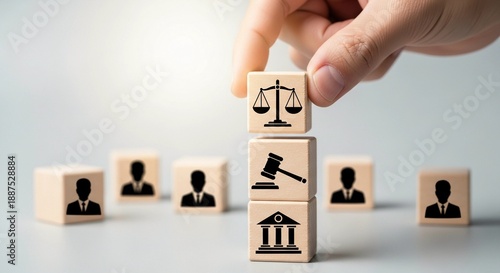 A hand places a wooden block with a balance scale icon on a stack of blocks representing justice, law, and legal professionals.
