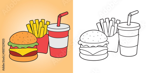 Cute fast food illustration for kids coloring page featuring burger, fries, and soft drink with bold outlines. Main object and background are separated, not merged in one layer.