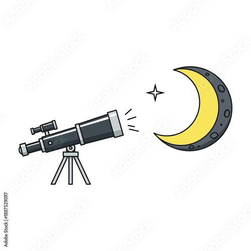 vector illustration of a telescope on a tripod pointed at the moon isolated on a white background